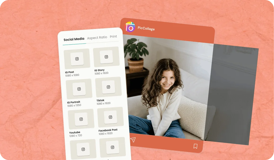 Square Instagram feed post, vertical Stories format, and 16:9 YouTube thumbnail created from a single photo